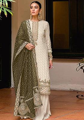 Off White Embroidered Georgette Kurta set