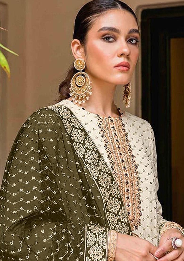 Off White Embroidered Georgette Kurta set