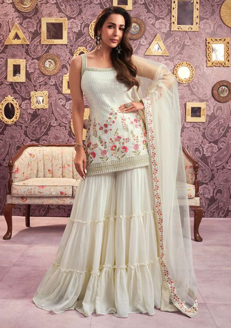 Cream Embroidered Georgette Sharara Set - Indya