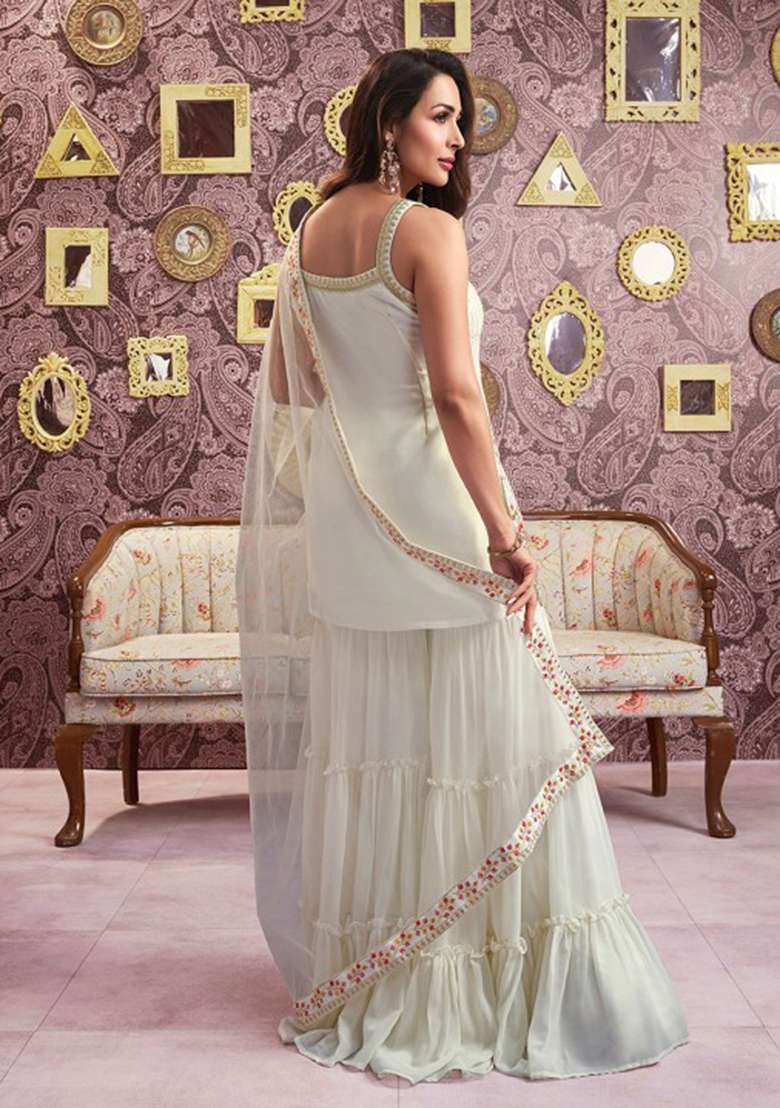 Cream Embroidered Georgette Sharara Set - Indya