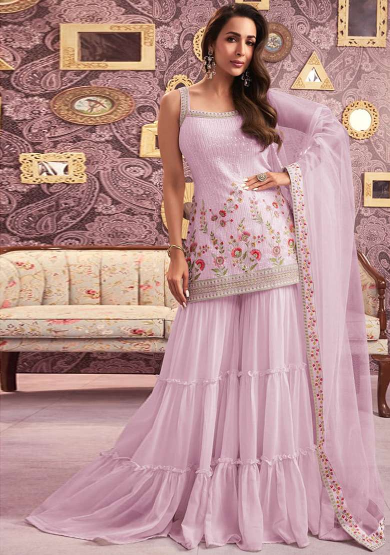 Pink Embroidered Georgette Sharara Set - Indya