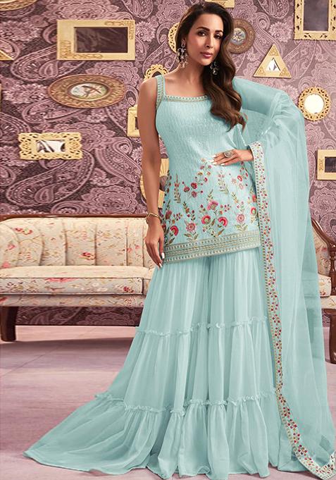 Sky Blue Sequin Embroidered Georgette Kurta Set