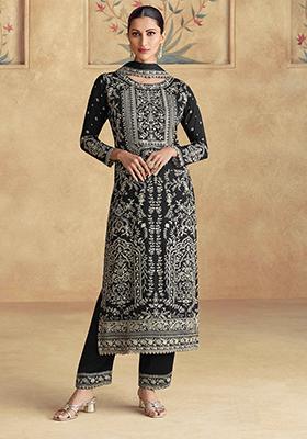 Black Sequin Embroidered Chinon Kurta Set