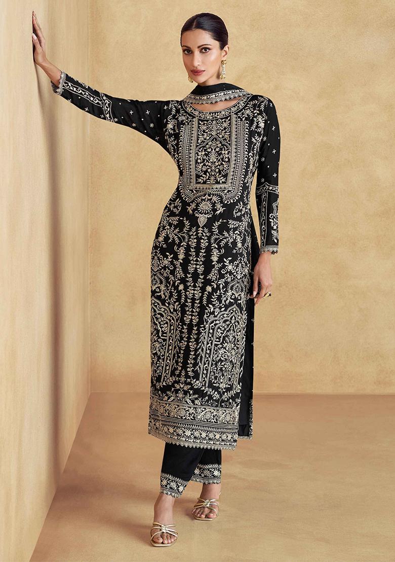 Black Sequin Embroidered Chinon Kurta Set