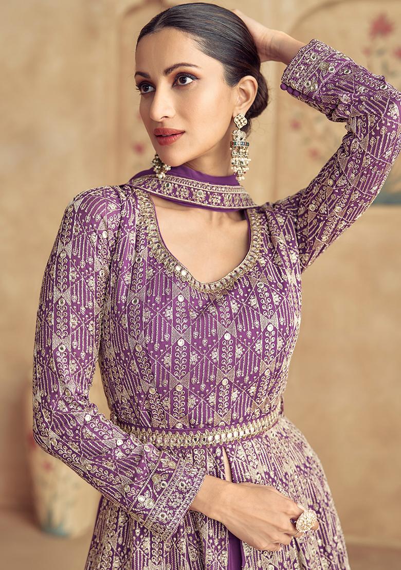 Purple Sequin Embroidered Georgette Kurta Set