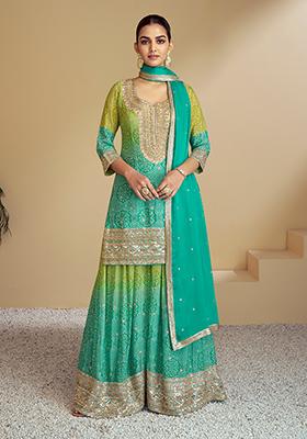 Turquoise Embroidered Chinon Sharara Set