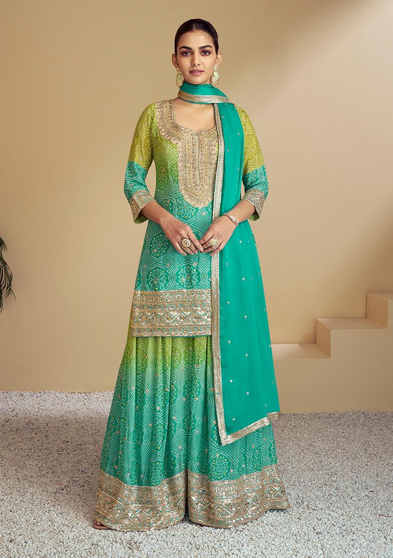 Turquoise Embroidered Chinon Sharara Set - Indya