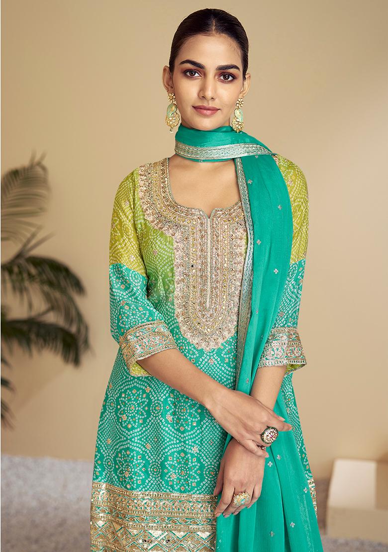 Turquoise Embroidered Chinon Sharara Set