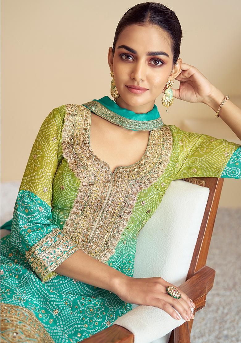 Turquoise Embroidered Chinon Sharara Set - Indya