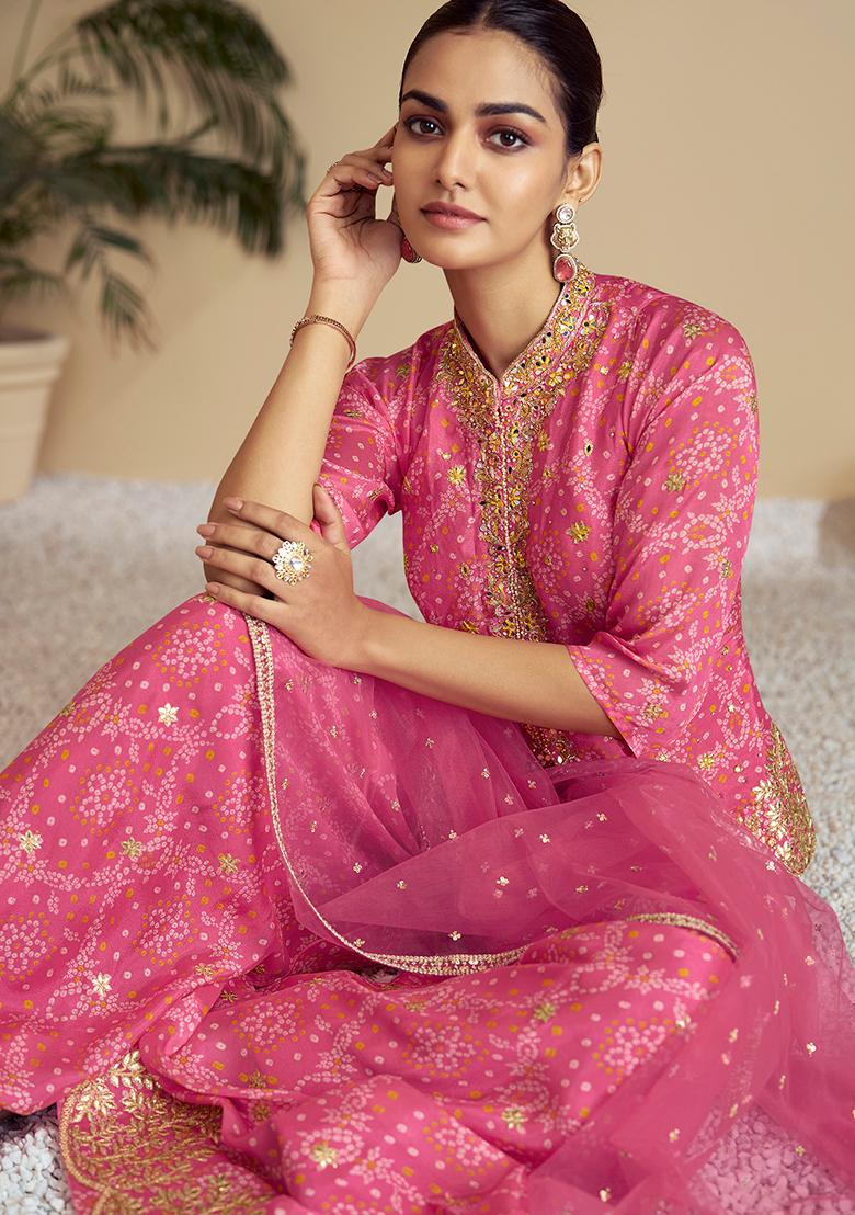Pink Embroidered Chinon Sharara Set