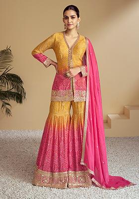 Pink Embroidered Chinon Sharara Set