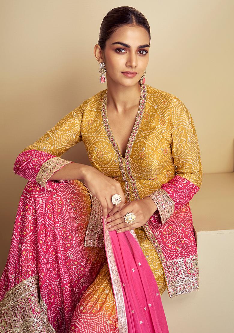 Pink Embroidered Chinon Sharara Set