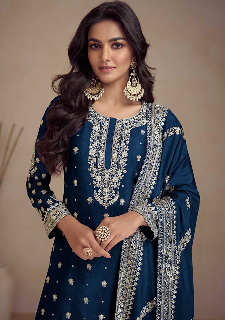 Blue Embroidered Silk Kurta Set