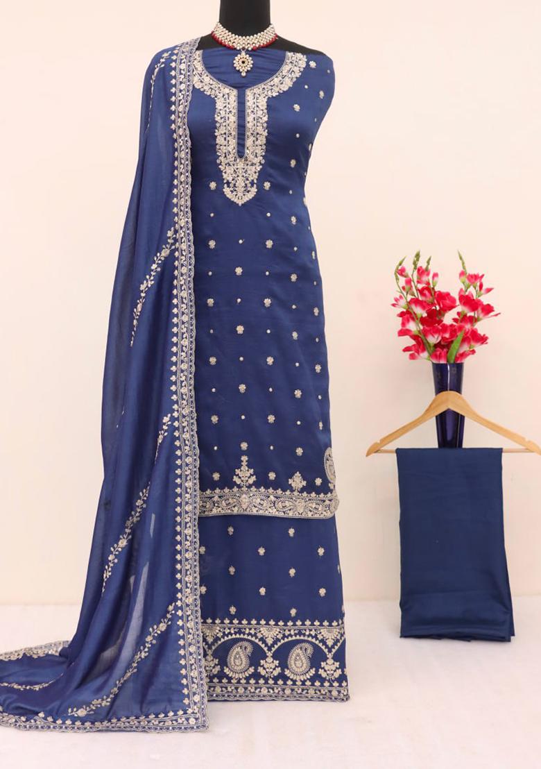 Blue Embroidered Silk Kurta Set