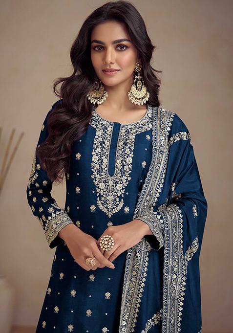 Blue Embroidered Silk Kurta Set