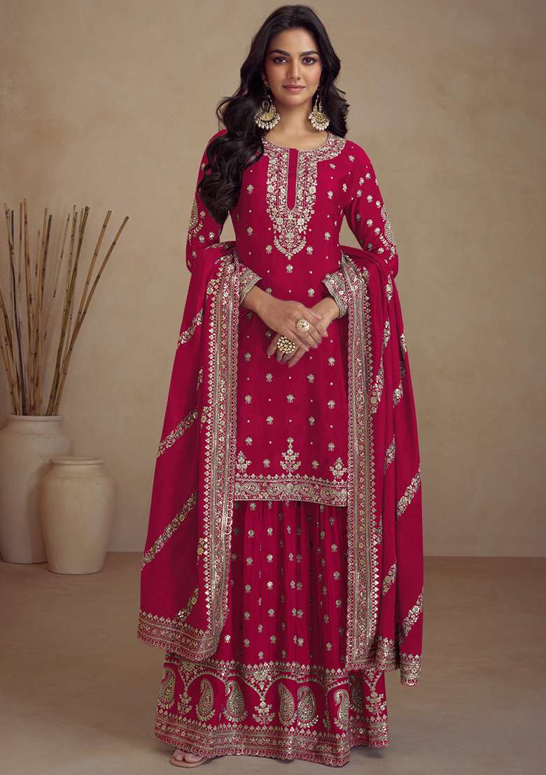 Pink Embroidered Silk Blend Sharara Set - Indya
