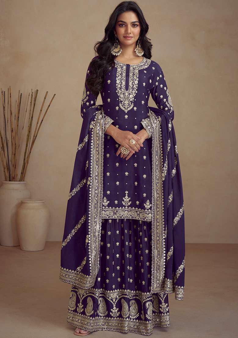 Purple Embroidered Silk Blend Sharara Set - Indya