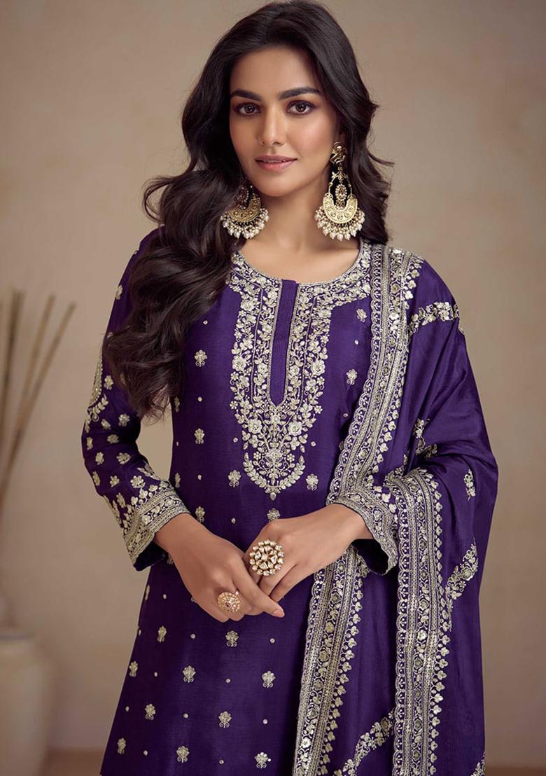 Purple Embroidered Silk Kurta Set