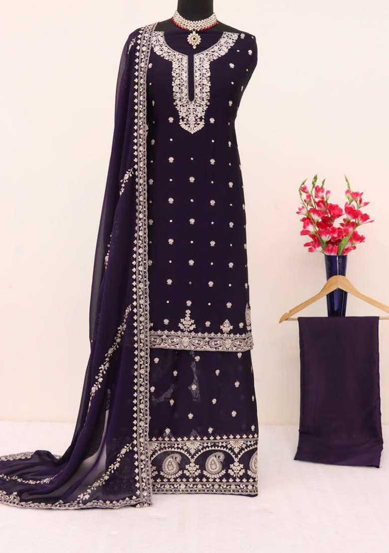 Purple Embroidered Silk Blend Sharara Set - Indya