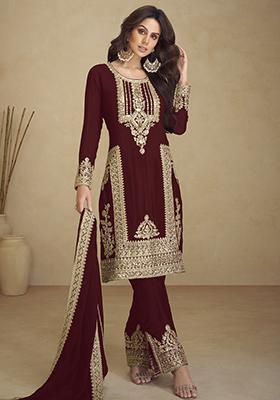 Maroon Embroidered Georgette Kurta Set