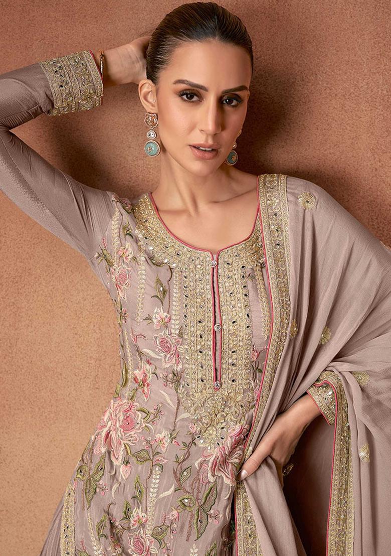 Coral Sequin Embroidered Georgette Sharara Set