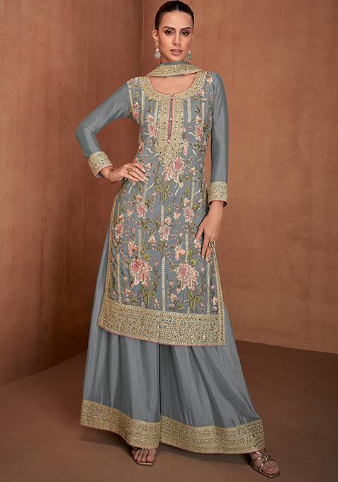 Grey Sequin Embroidered Georgette Sharara Set