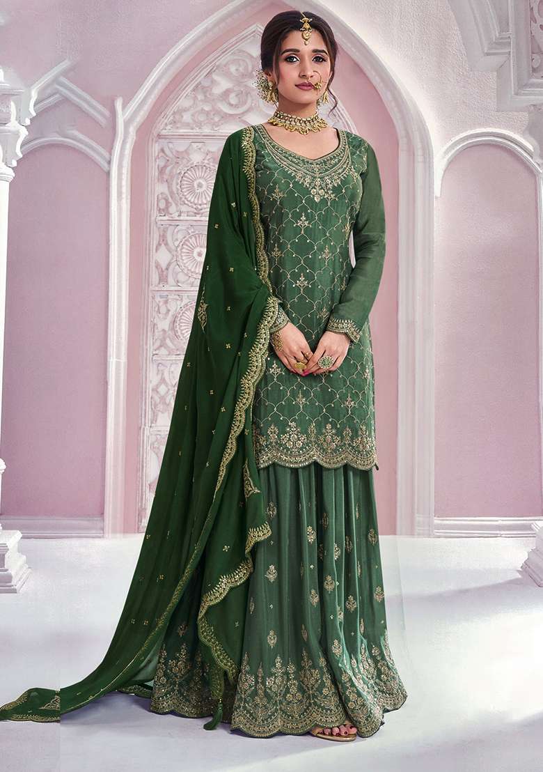 Green Embroidered Chinon Sharara Set - Indya
