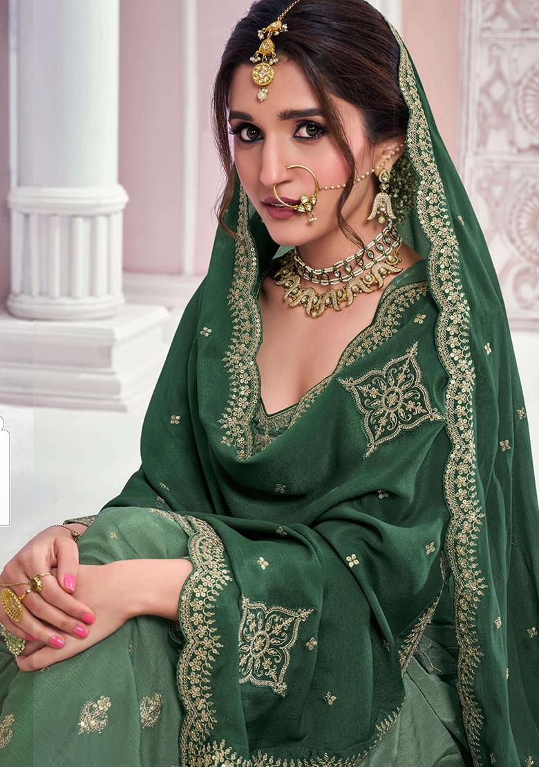 Green Sequin Embroidered Chinon Sharara Set
