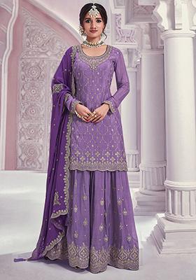 Lavender Sequin Embroidered Chinon Sharara Set