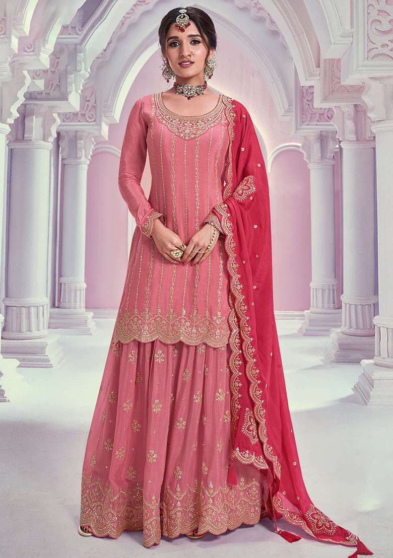 Peach Embroidered Chinon Sharara Set - Indya