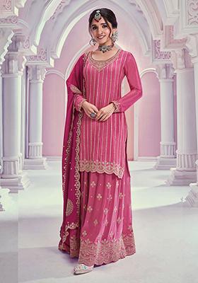 Pink Sequin Embroidered Chinon Sharara Set