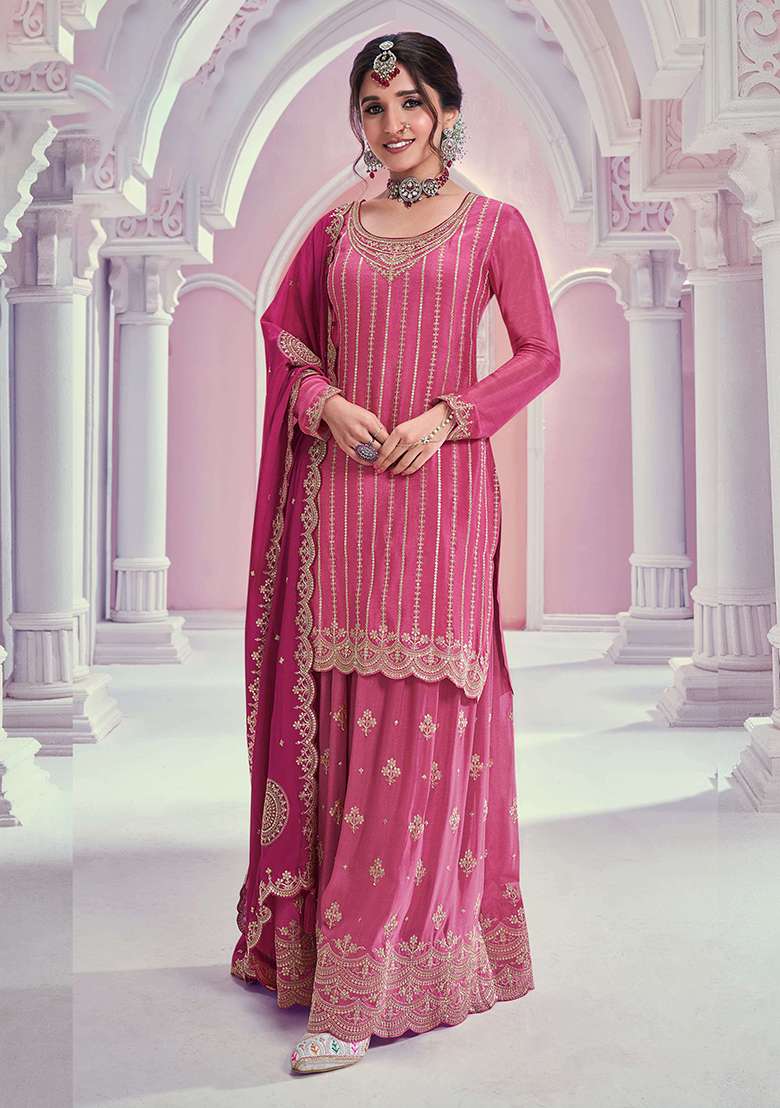 Pink Embroidered Chinon Sharara Set - Indya