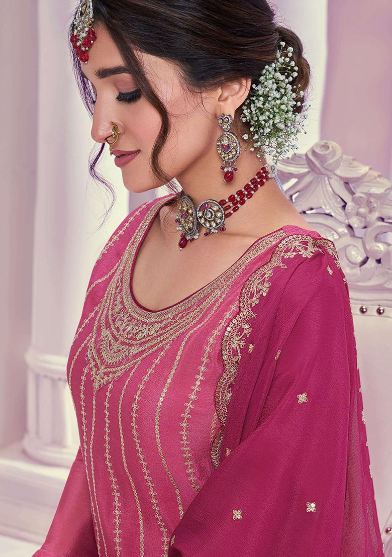 Pink Sequin Embroidered Chinon Sharara Set