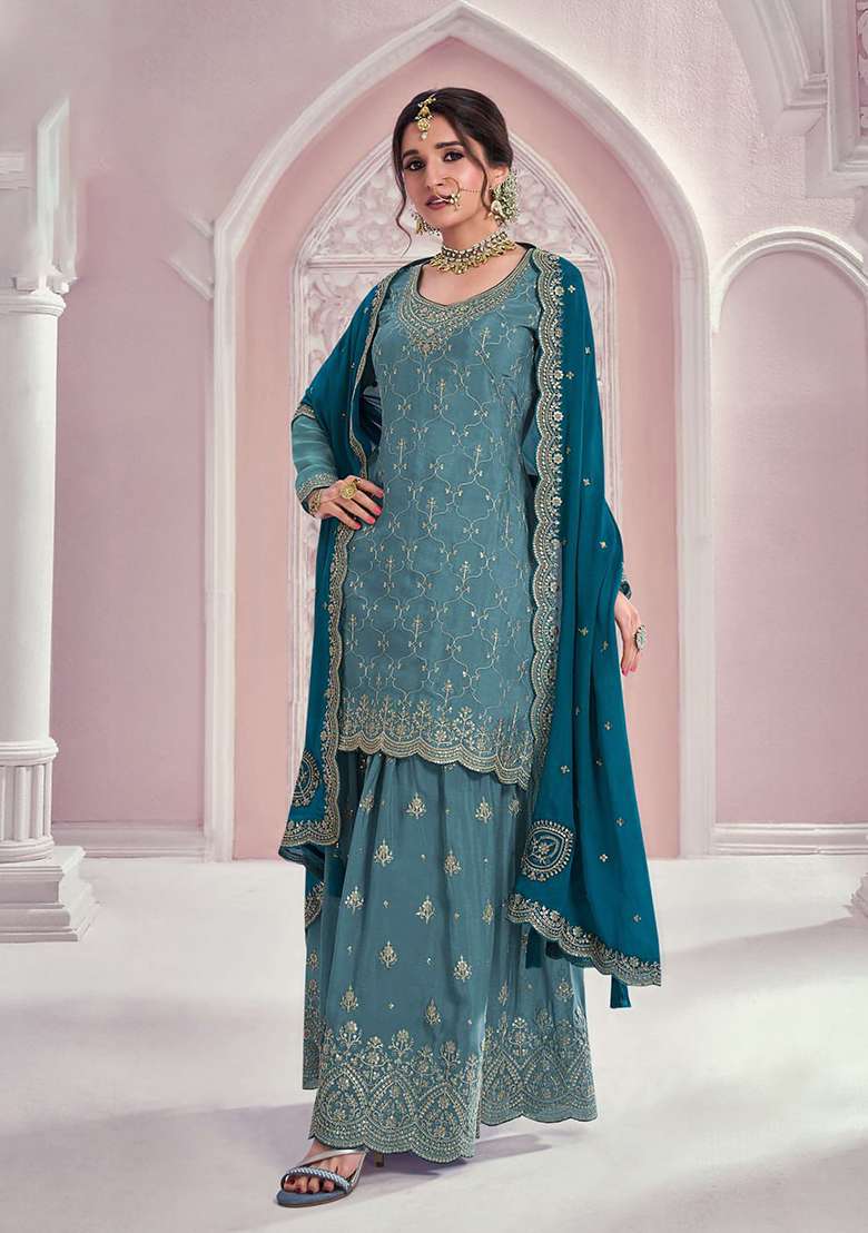Teal Embroidered Chinon Sharara Set - Indya