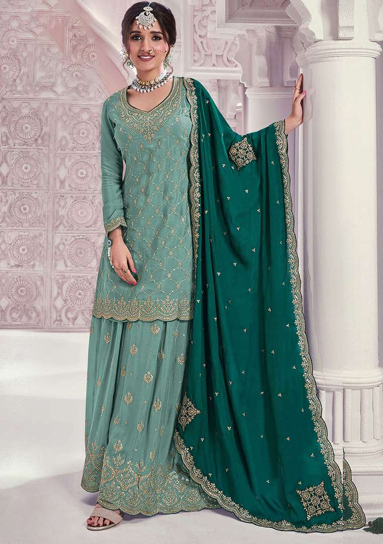 Turquoise Embroidered Chinon Sharara Set - Indya