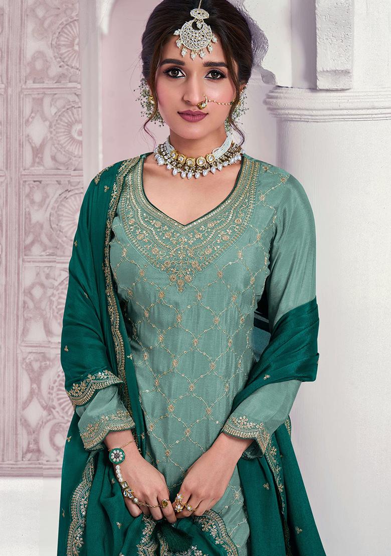 Turquoise Sequin Embroidered Chinon Sharara Set
