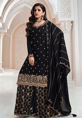 Black Sequin Embroidered Chinon Sharara Set