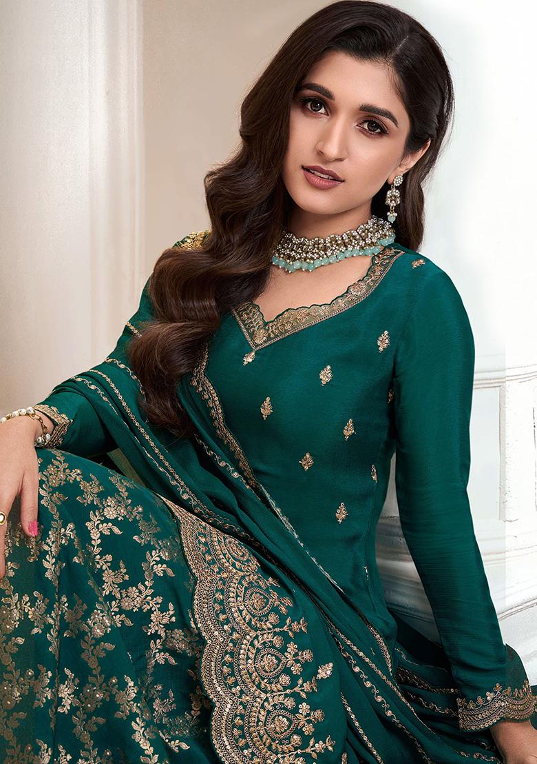 Green Sequin Embroidered Chinon Sharara Set