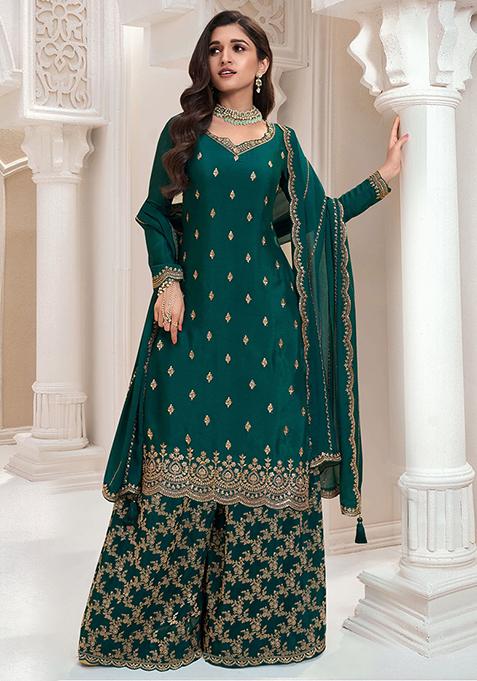 Green Sequin Embroidered Chinon Sharara Set