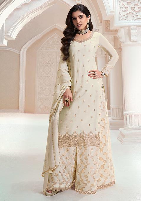 Off White Sequin Embroidered Chinon Sharara Set