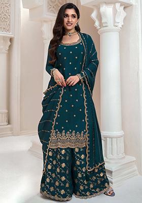 Teal Sequin Embroidered Chinon Sharara Set