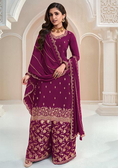 Wine Sequin Embroidered Chinon Sharara Set