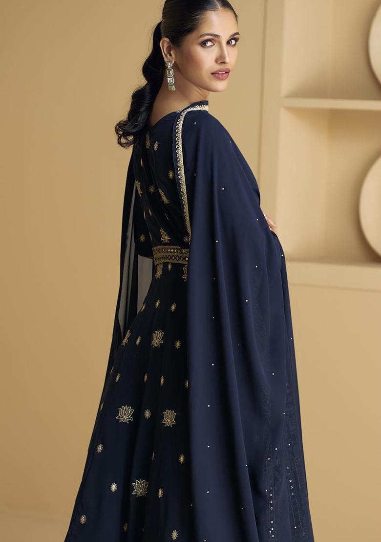 Navy Blue Sequin Embroidered Georgette Kurta Set