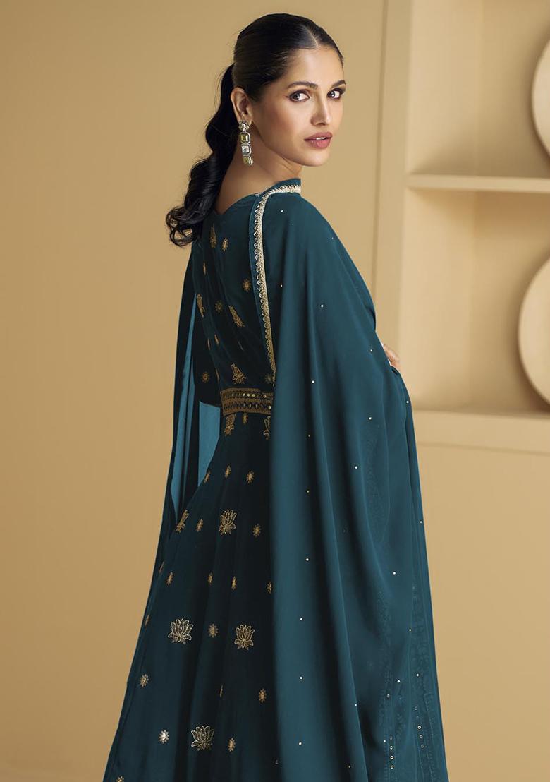 Teal Sequin Embroidered Georgette Kurta Set