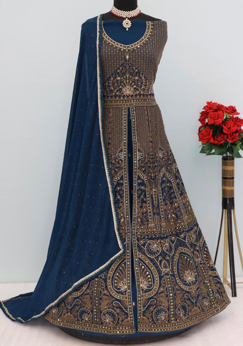 Teal Sequin Embroidered Georgette Kurta Set