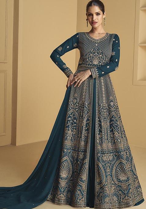 Teal Sequin Embroidered Georgette Kurta Set