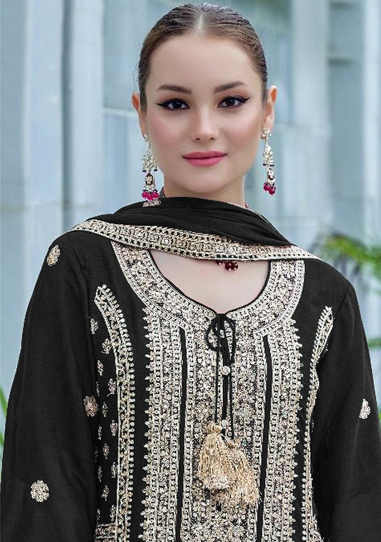 Black Embroidered Georgette Kurta Set
