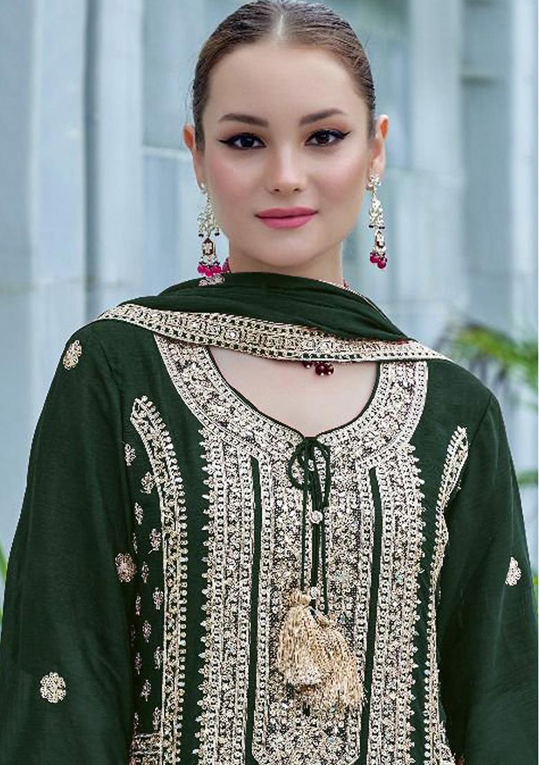 Green Embroidered Georgette Kurta Set