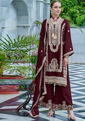 Maroon Embroidered Georgette Kurta Set