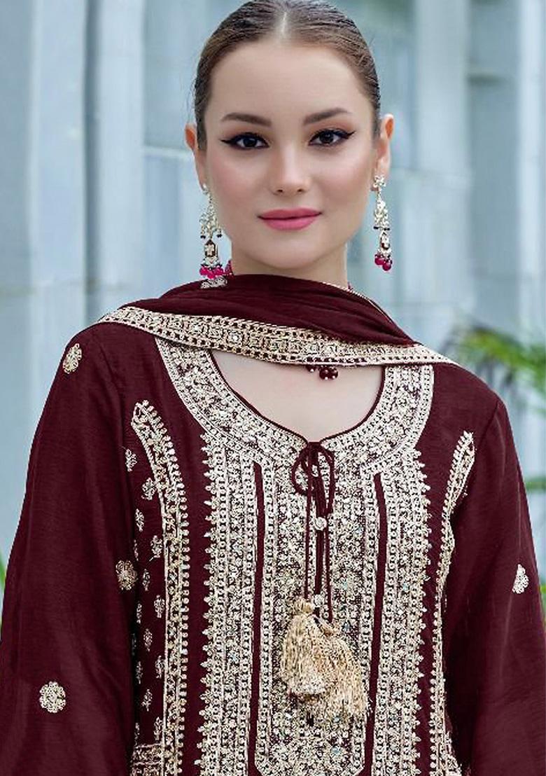 Maroon Embroidered Georgette Kurta Set